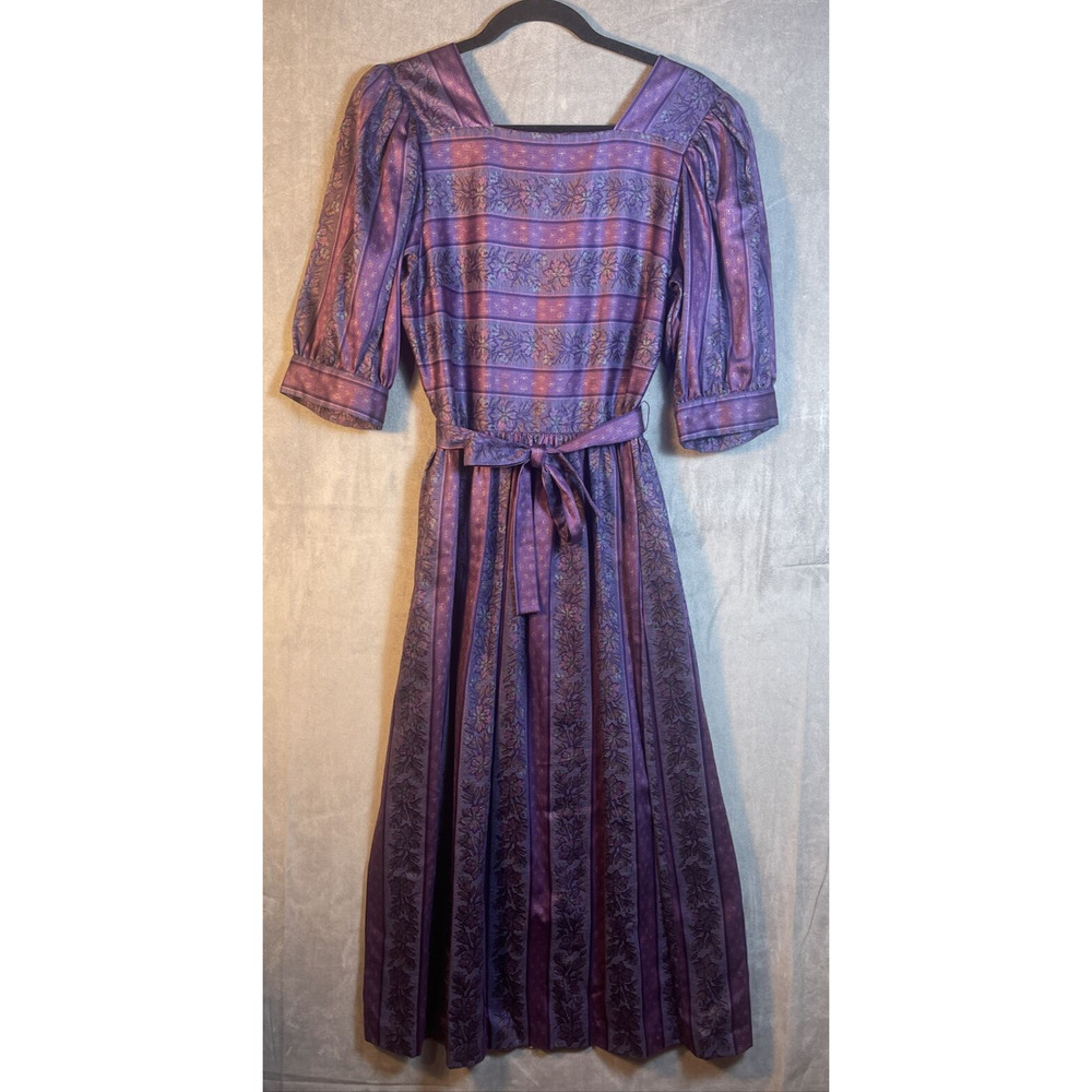 Vintage Lanz Originals Dress Purple Floral Pleated‎ Prairie Cottage Size 12